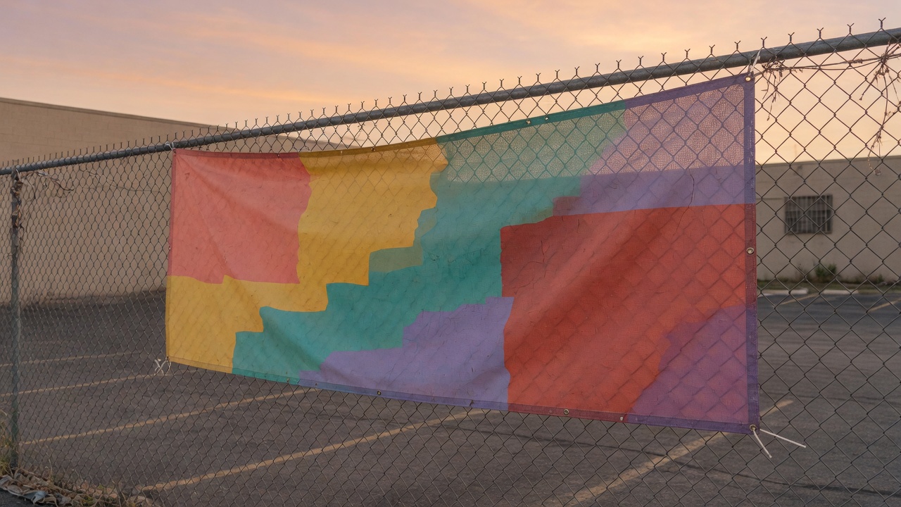 Printed banner on a chain-link fence